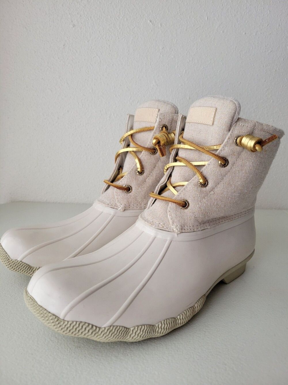 Sperry Saltwater Linen Ivory Duck Boots Women 11 Wool Blend Gold Lace Rain Boot